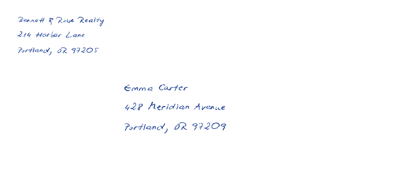 Hand-addressed #10 envelope matching the letter, with return address