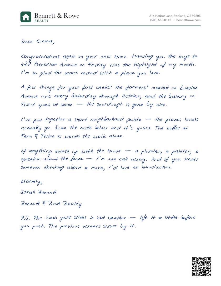 Handwritten letter from a realtor on the agency's printed letterhead, with a QR code in the bottom-right corner — US Letter paper, blue handwriting