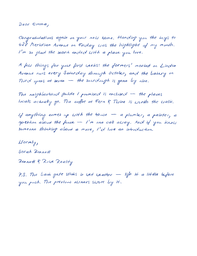 Handwritten letter from a realtor congratulating a client on their new home, blue handwriting on US Letter paper