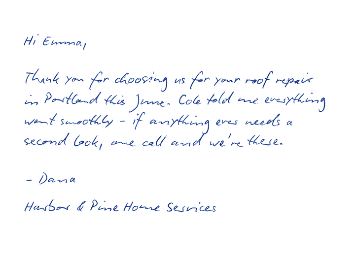 Handwritten card for Emma — roof repair in Portland