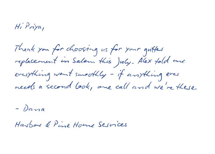 Handwritten card for Priya — gutter replacement in Salem