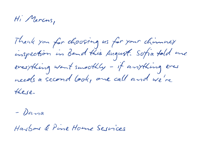 Handwritten card for Marcus — chimney inspection in Bend