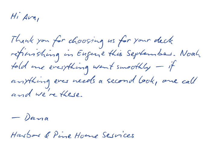 Handwritten card for Ava — deck refinishing in Eugene