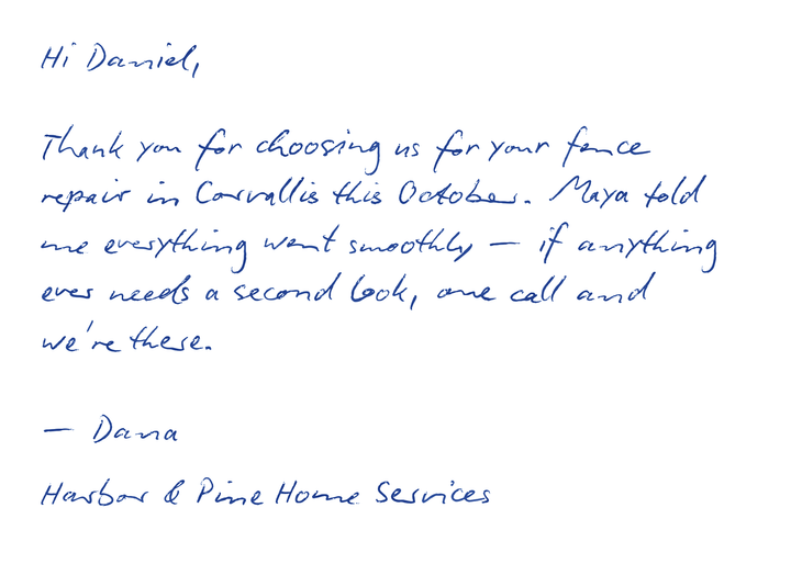 Handwritten card for Daniel — fence repair in Corvallis
